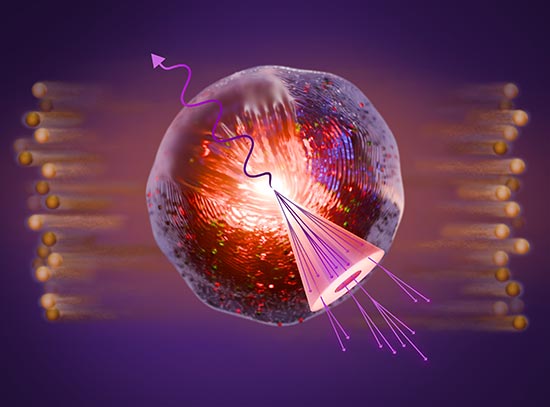 Artistic depiction of quark-gluon plasma with a vibrant fireball, jet spray, photon, and colliding i